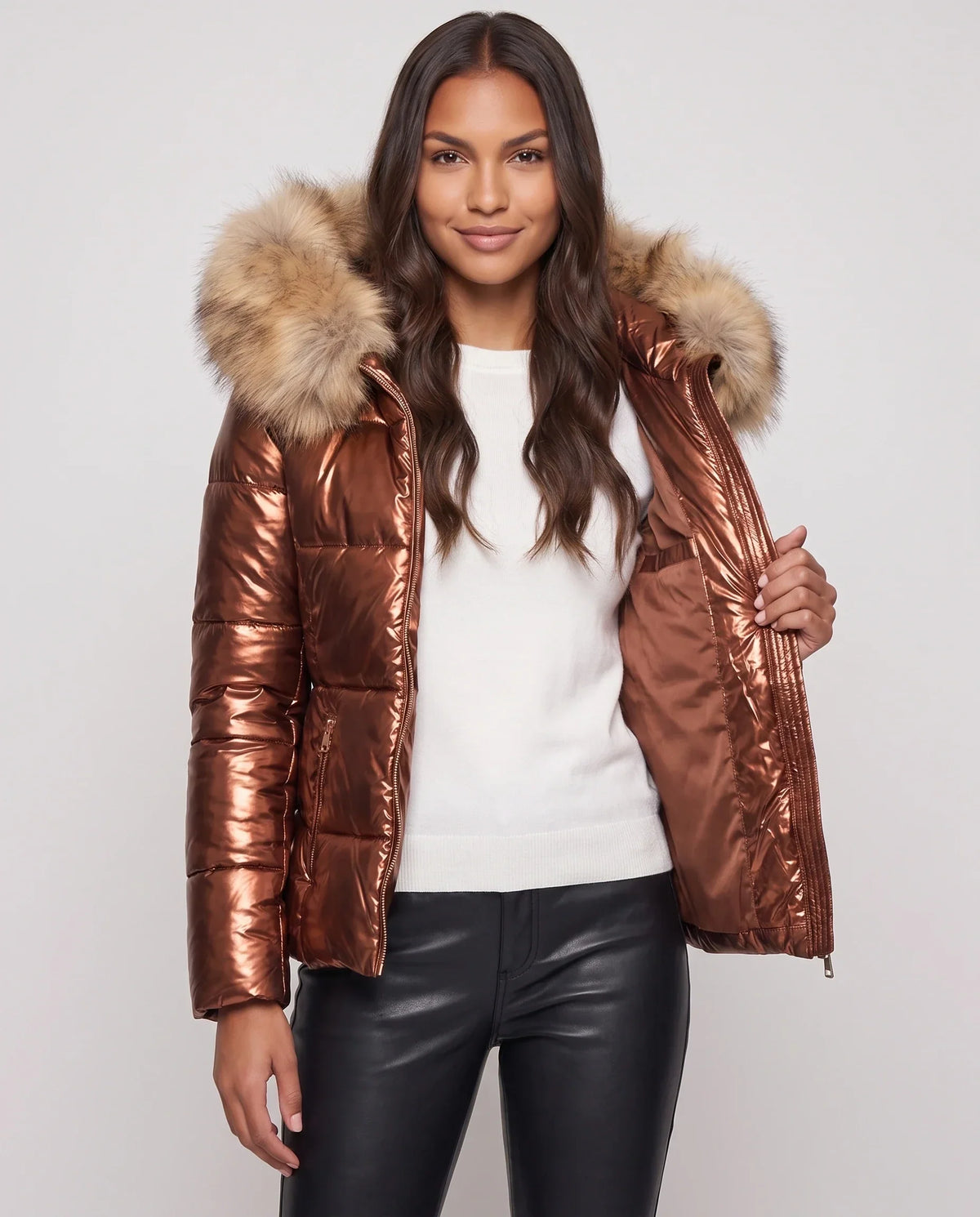 Short Shiny Puffer Jacket with Faux Fur Hood