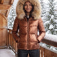 Short Shiny Puffer Jacket with Faux Fur Hood
