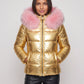 Short Shiny Puffer Jacket with Faux Fur Hood