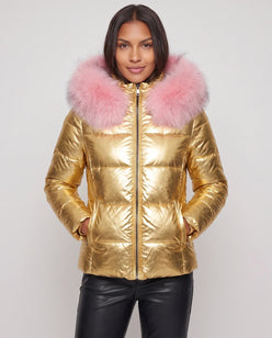 Short Shiny Puffer Jacket with Faux Fur Hood