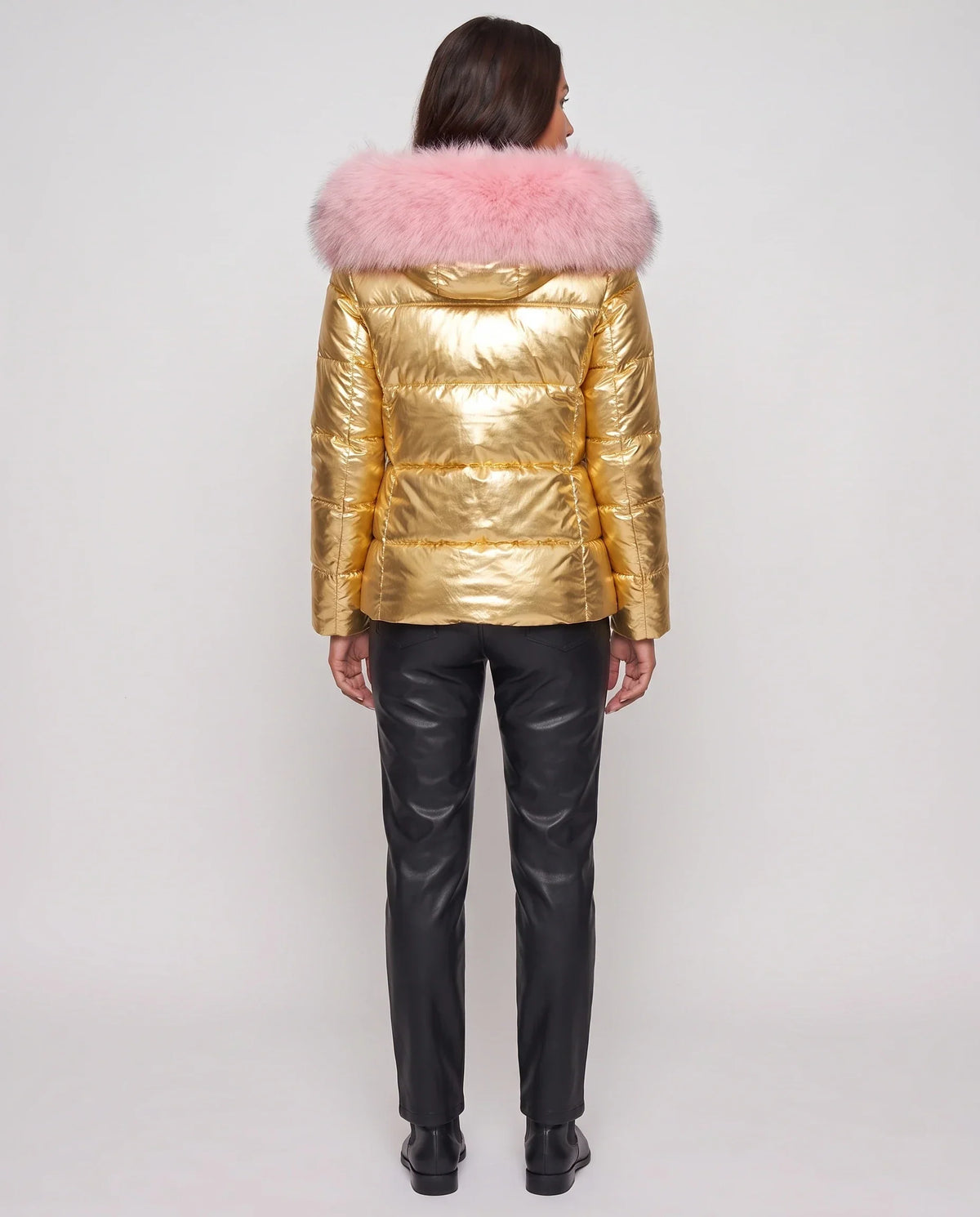 Short Shiny Puffer Jacket with Faux Fur Hood