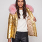 Short Shiny Puffer Jacket with Faux Fur Hood