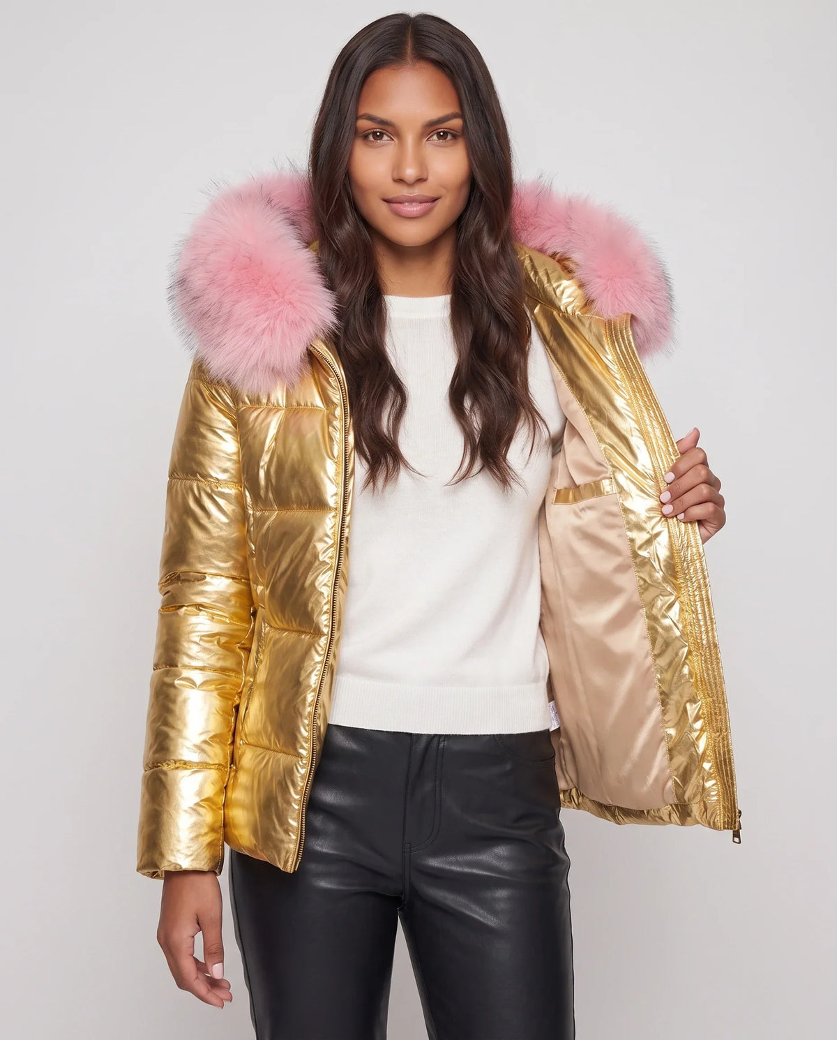 Short Shiny Puffer Jacket with Faux Fur Hood