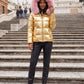 Short Shiny Puffer Jacket with Faux Fur Hood