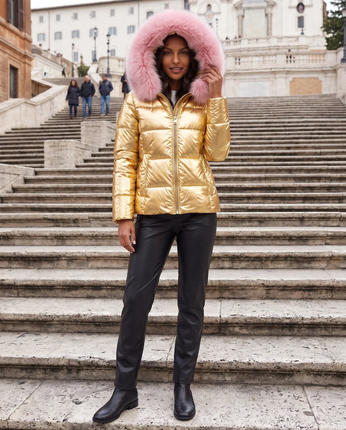 Short Shiny Puffer Jacket with Faux Fur Hood