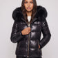 Short Shiny Puffer Jacket with Faux Fur Hood