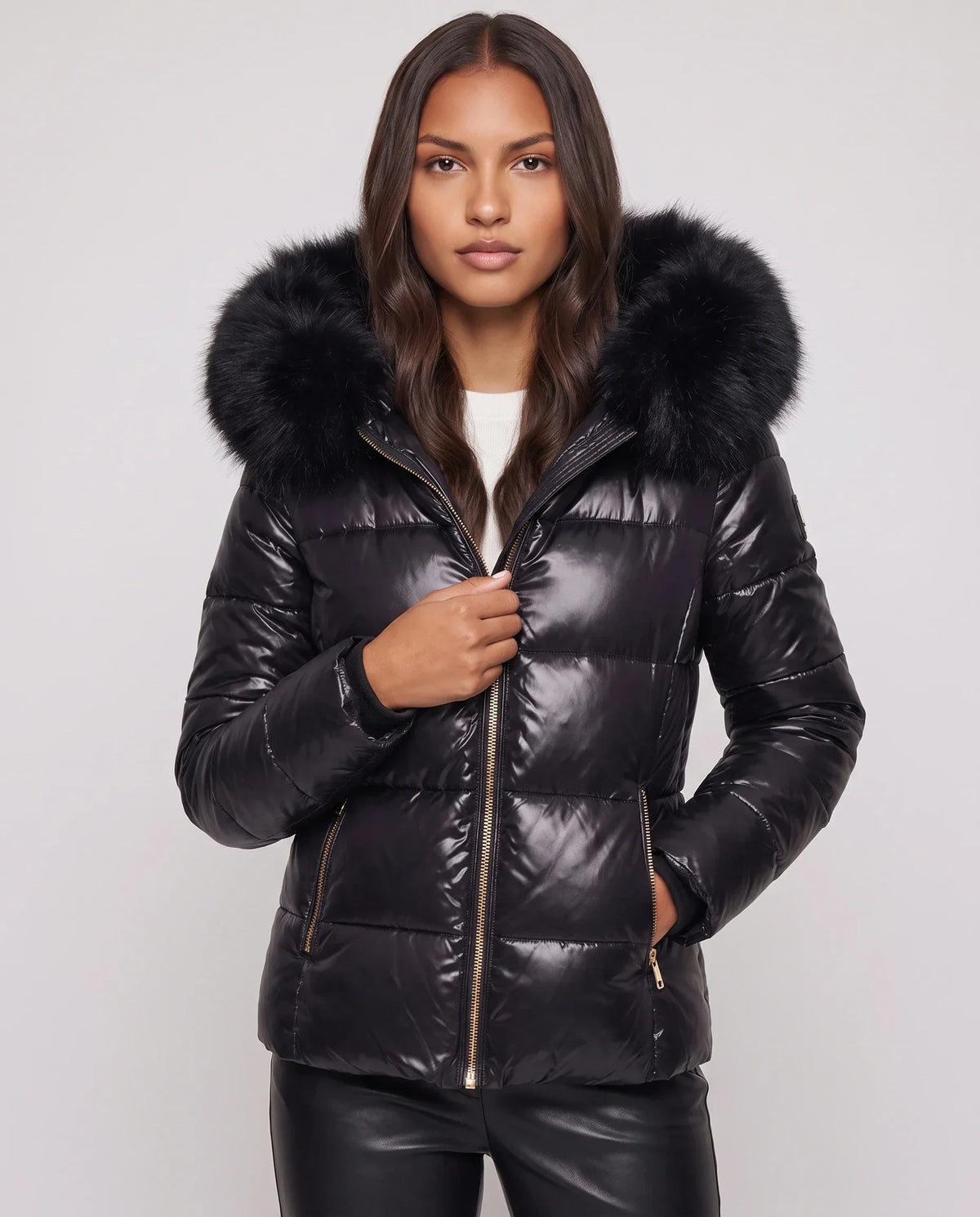 Short Shiny Puffer Jacket with Faux Fur Hood