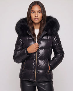 Short Shiny Puffer Jacket with Faux Fur Hood