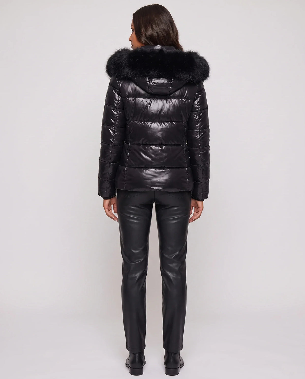 Short Shiny Puffer Jacket with Faux Fur Hood