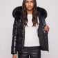 Short Shiny Puffer Jacket with Faux Fur Hood