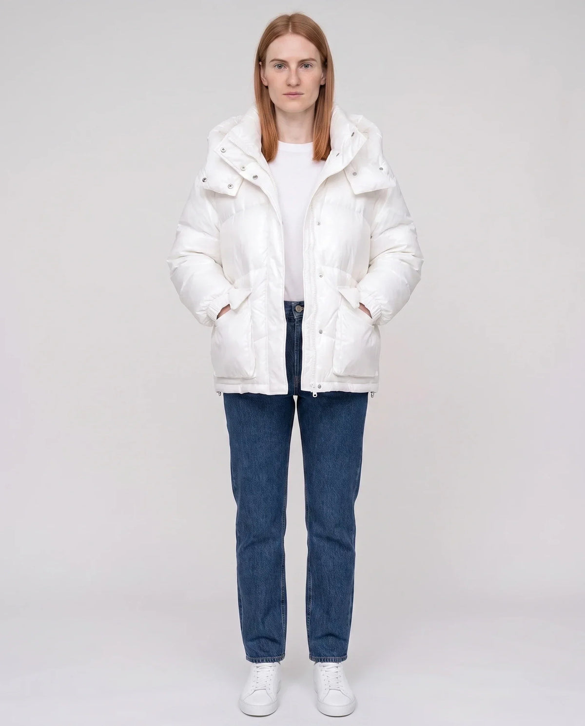 Short Shiny Puffer Jacket with Patch Pockets