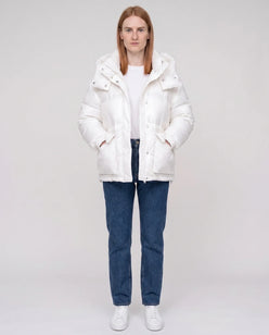 Short Shiny Puffer Jacket with Patch Pockets