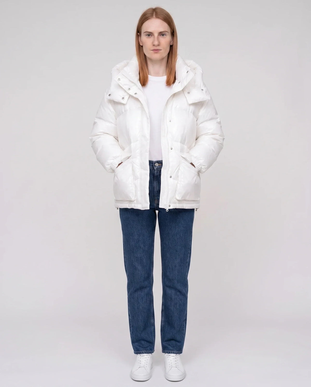 Short Shiny Puffer Jacket with Patch Pockets