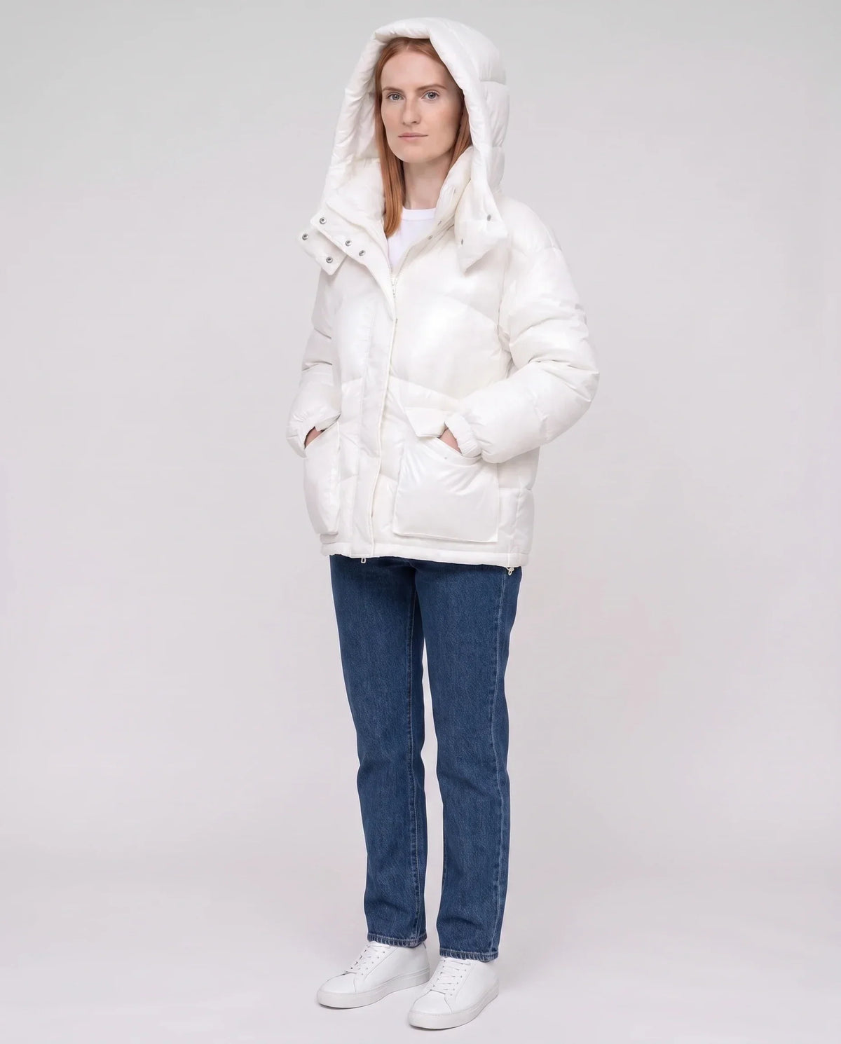 Short Shiny Puffer Jacket with Patch Pockets