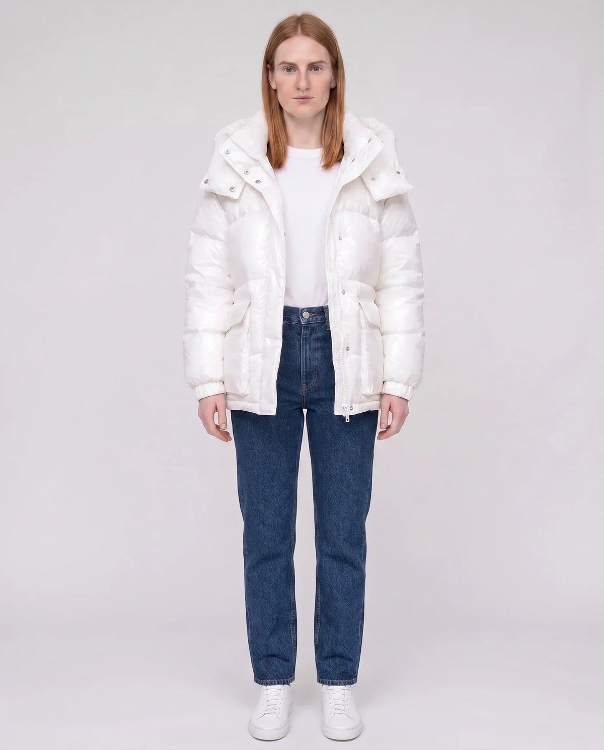 Short Shiny Puffer Jacket with Patch Pockets