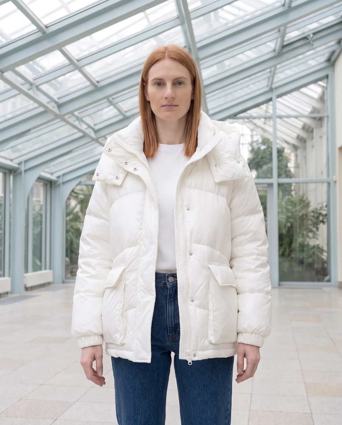 Short Shiny Puffer Jacket with Patch Pockets