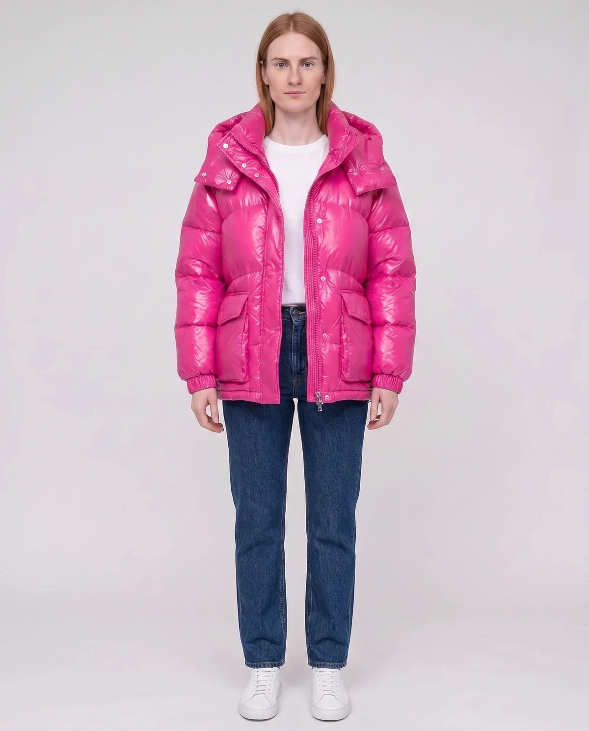 Short Shiny Puffer Jacket with Patch Pockets