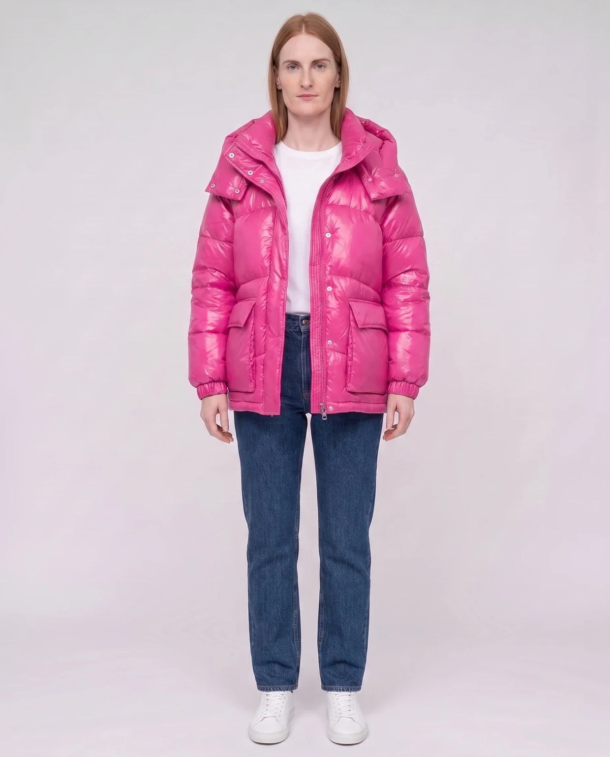Short Shiny Puffer Jacket with Patch Pockets