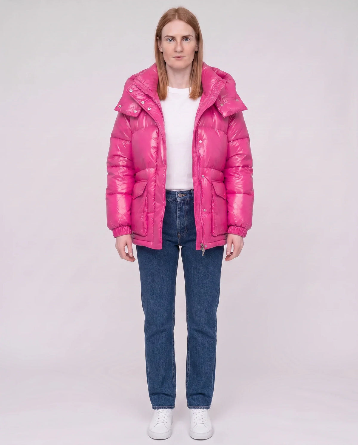 Short Shiny Puffer Jacket with Patch Pockets