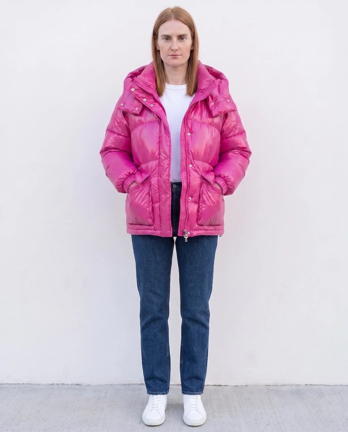 Short Shiny Puffer Jacket with Patch Pockets