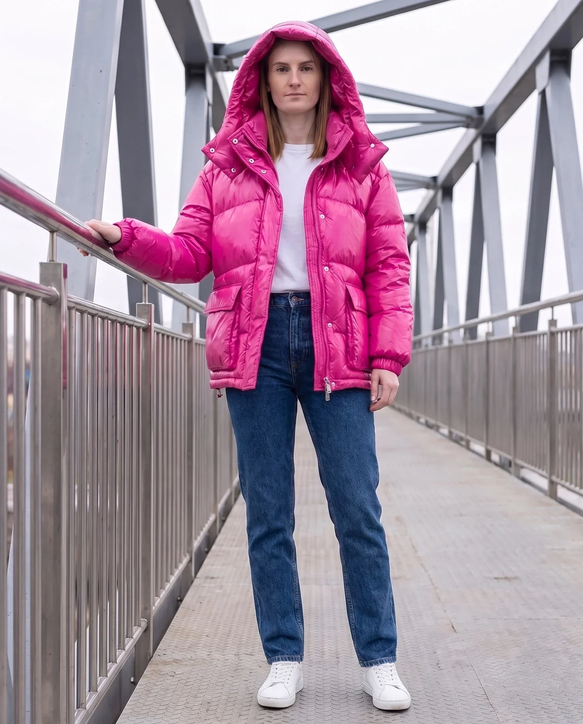 Short Shiny Puffer Jacket with Patch Pockets
