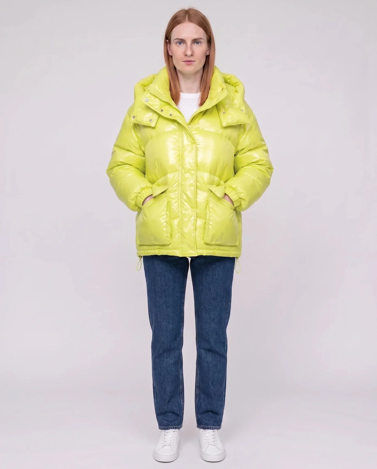 Short Shiny Puffer Jacket with Patch Pockets