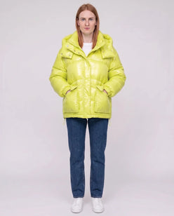 Short Shiny Puffer Jacket with Patch Pockets