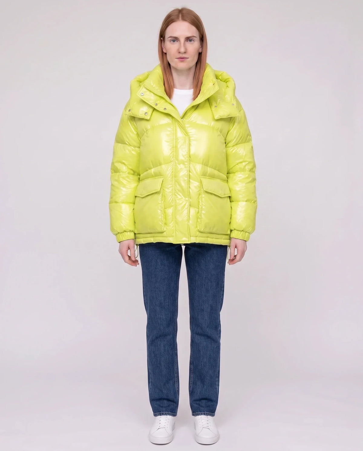 Short Shiny Puffer Jacket with Patch Pockets