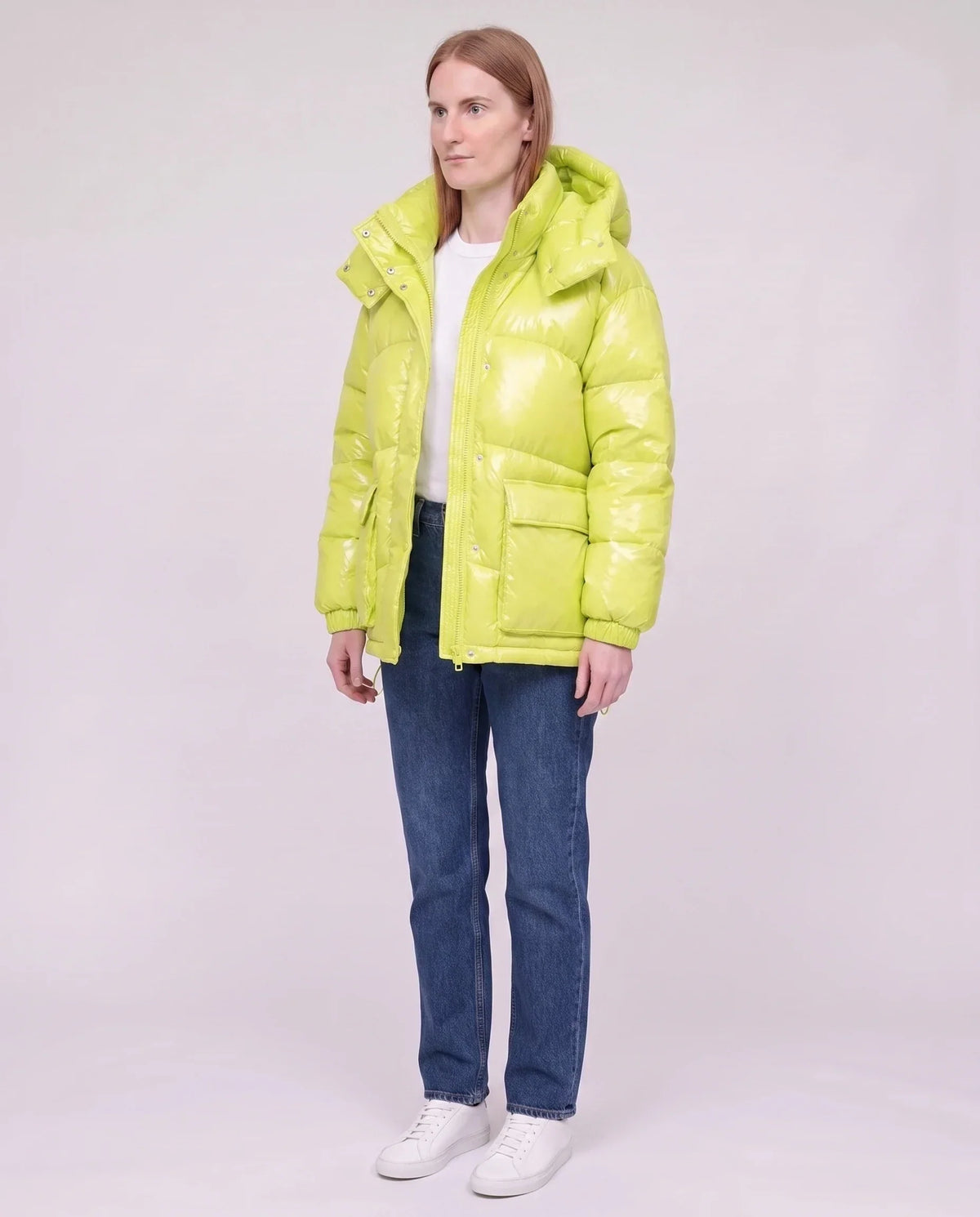 Short Shiny Puffer Jacket with Patch Pockets