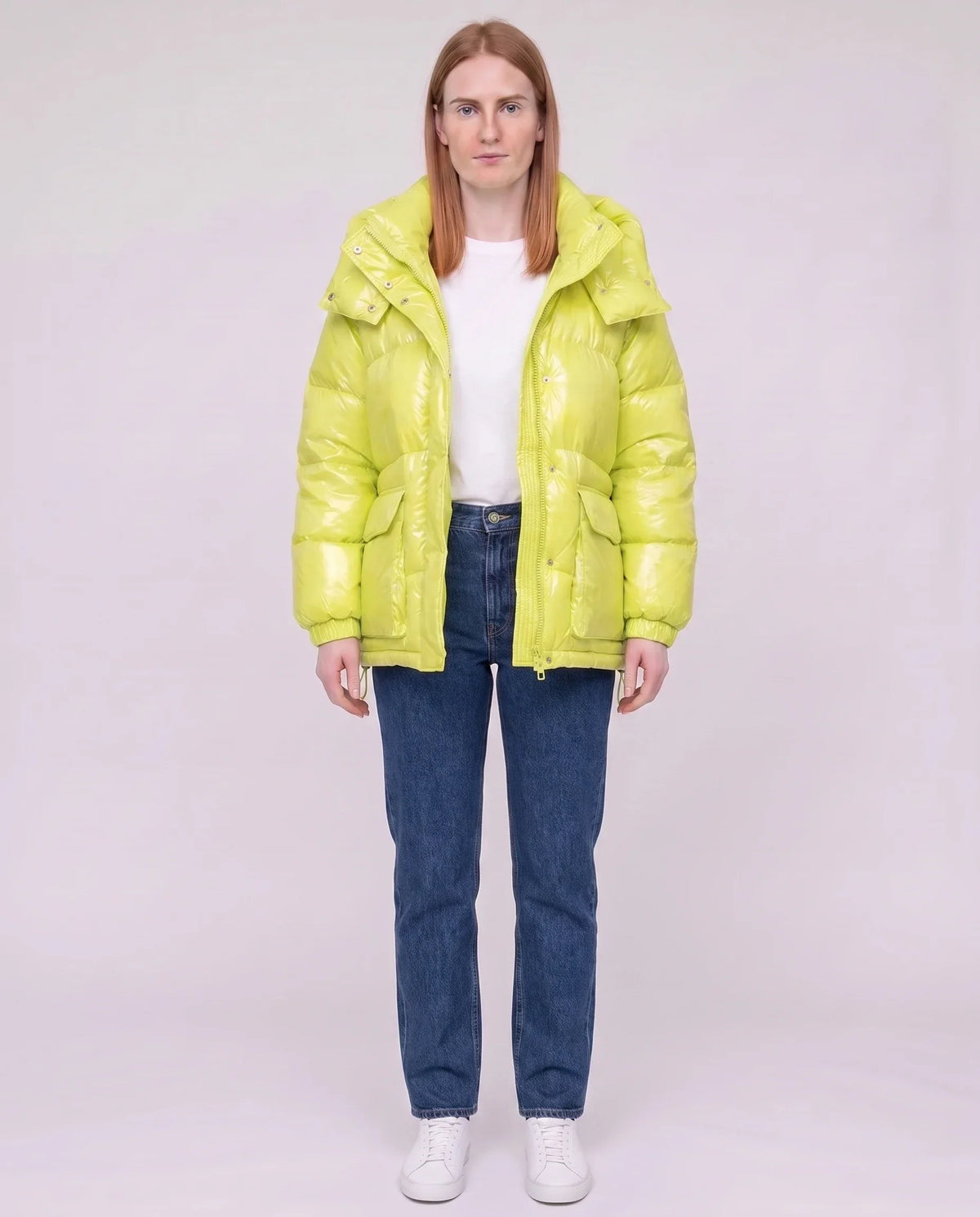 Short Shiny Puffer Jacket with Patch Pockets