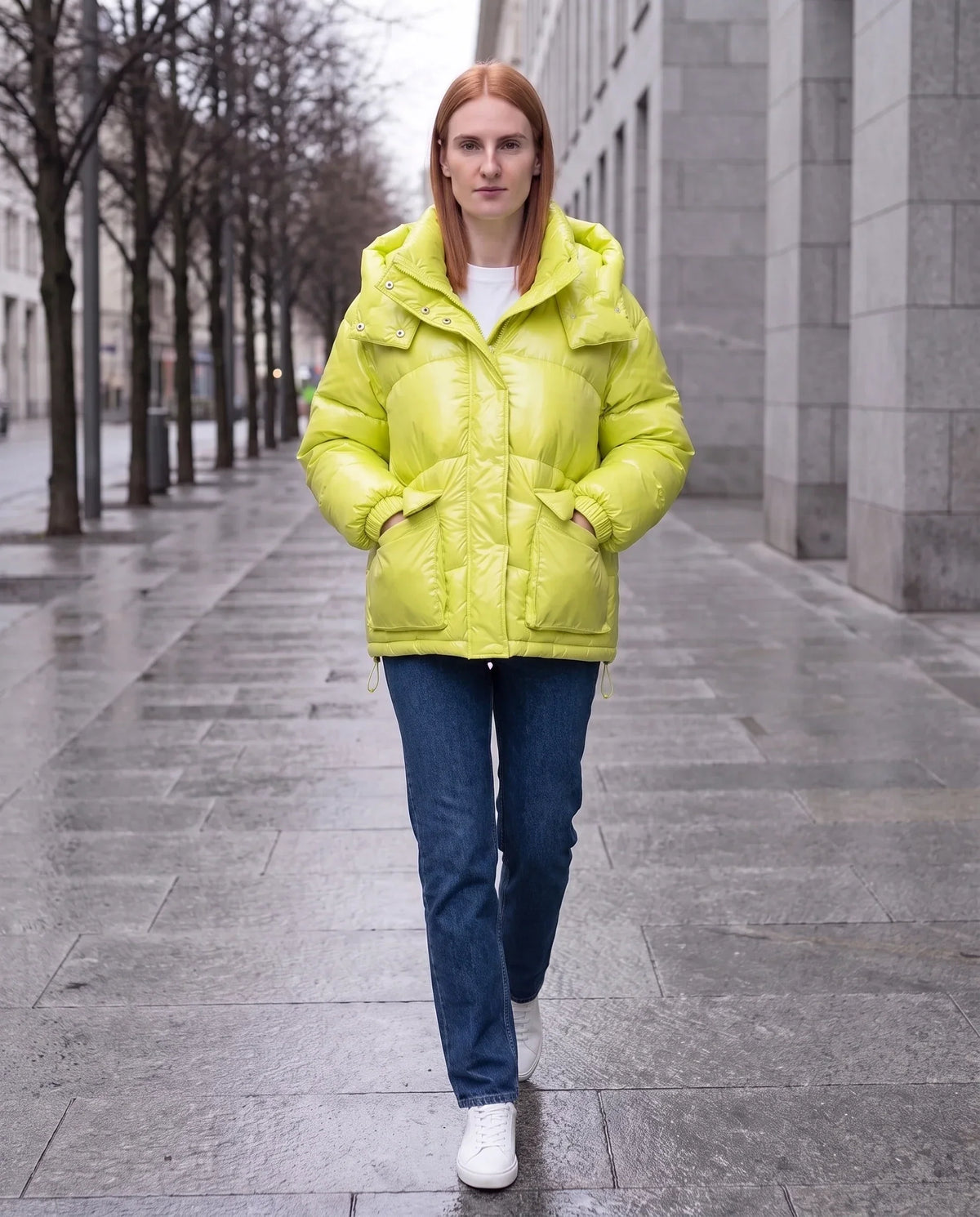 Short Shiny Puffer Jacket with Patch Pockets