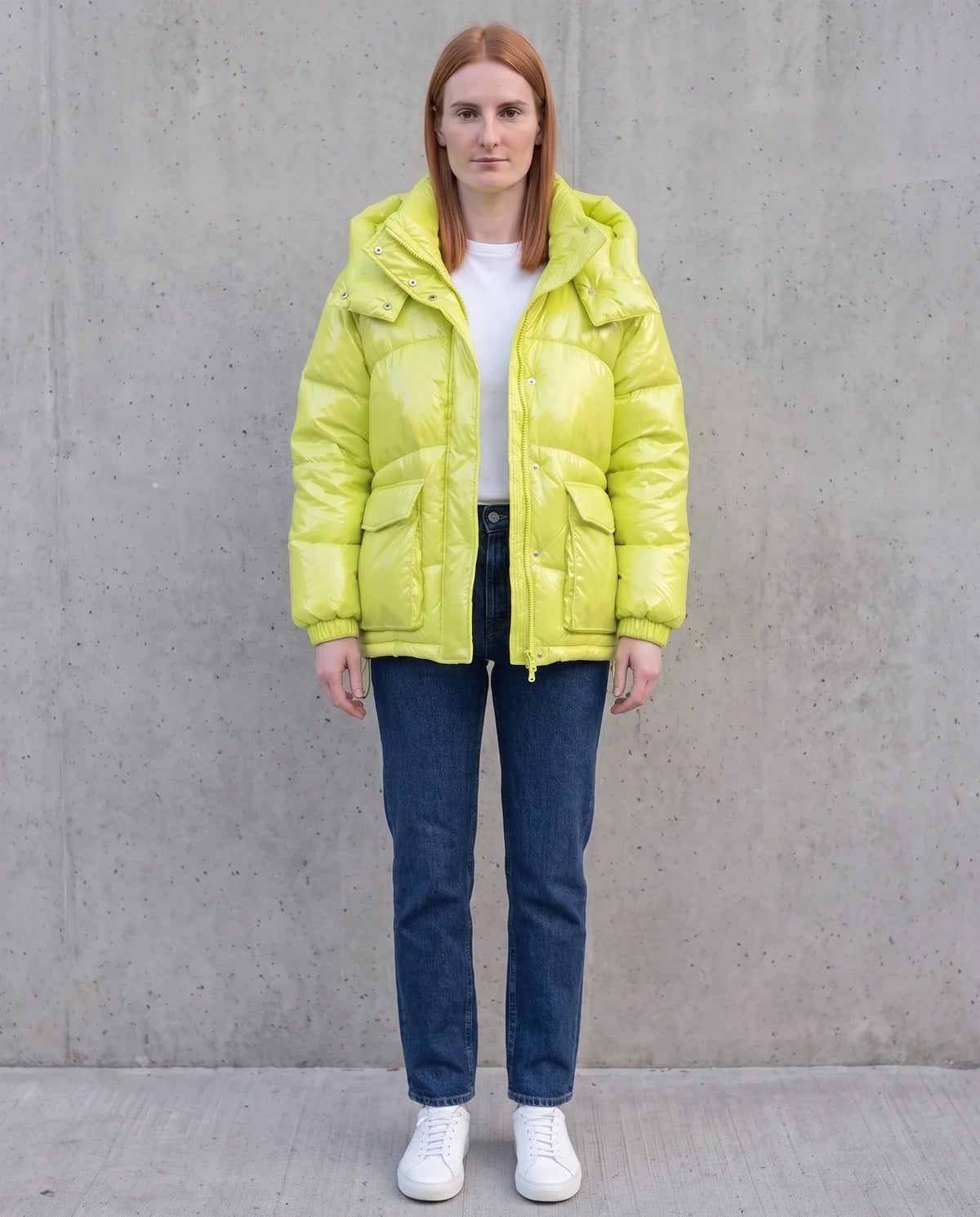 Short Shiny Puffer Jacket with Patch Pockets
