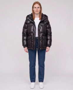 Short Shiny Puffer Jacket with Patch Pockets