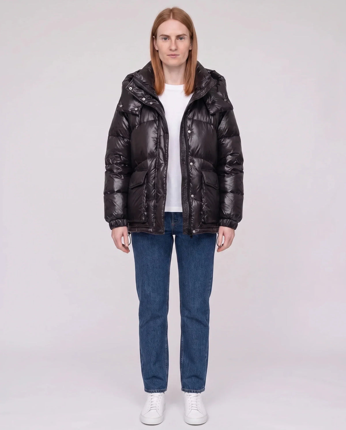 Short Shiny Puffer Jacket with Patch Pockets