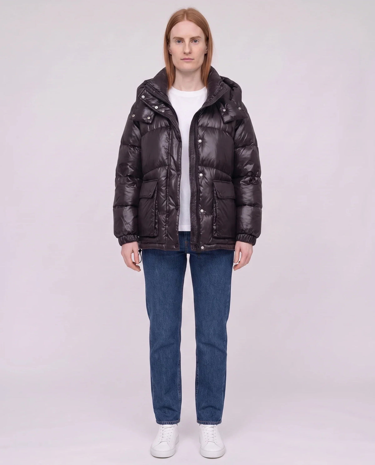 Short Shiny Puffer Jacket with Patch Pockets
