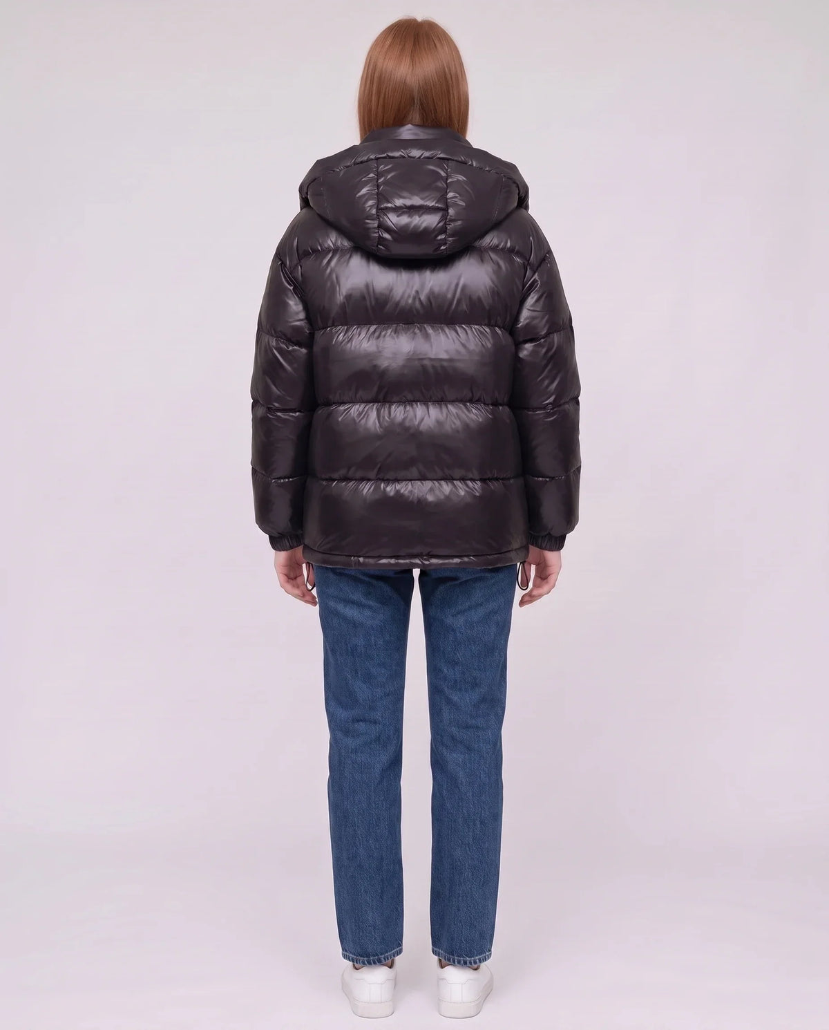 Short Shiny Puffer Jacket with Patch Pockets