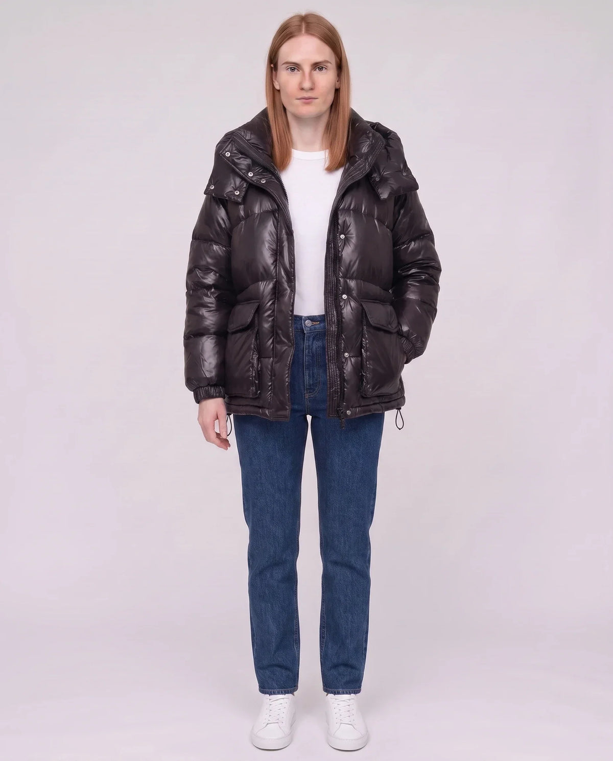 Short Shiny Puffer Jacket with Patch Pockets
