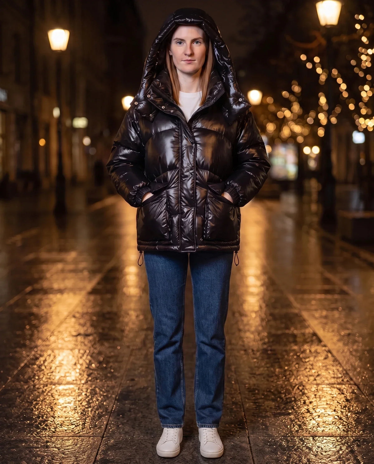 Short Shiny Puffer Jacket with Patch Pockets