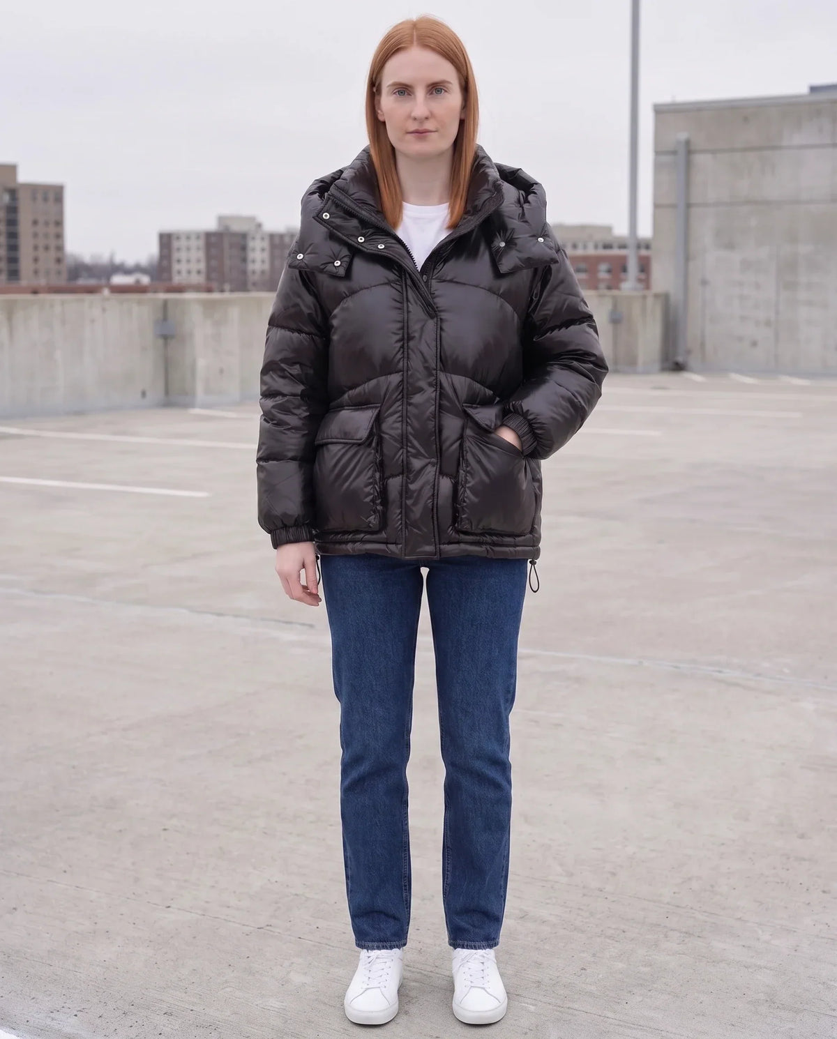 Short Shiny Puffer Jacket with Patch Pockets