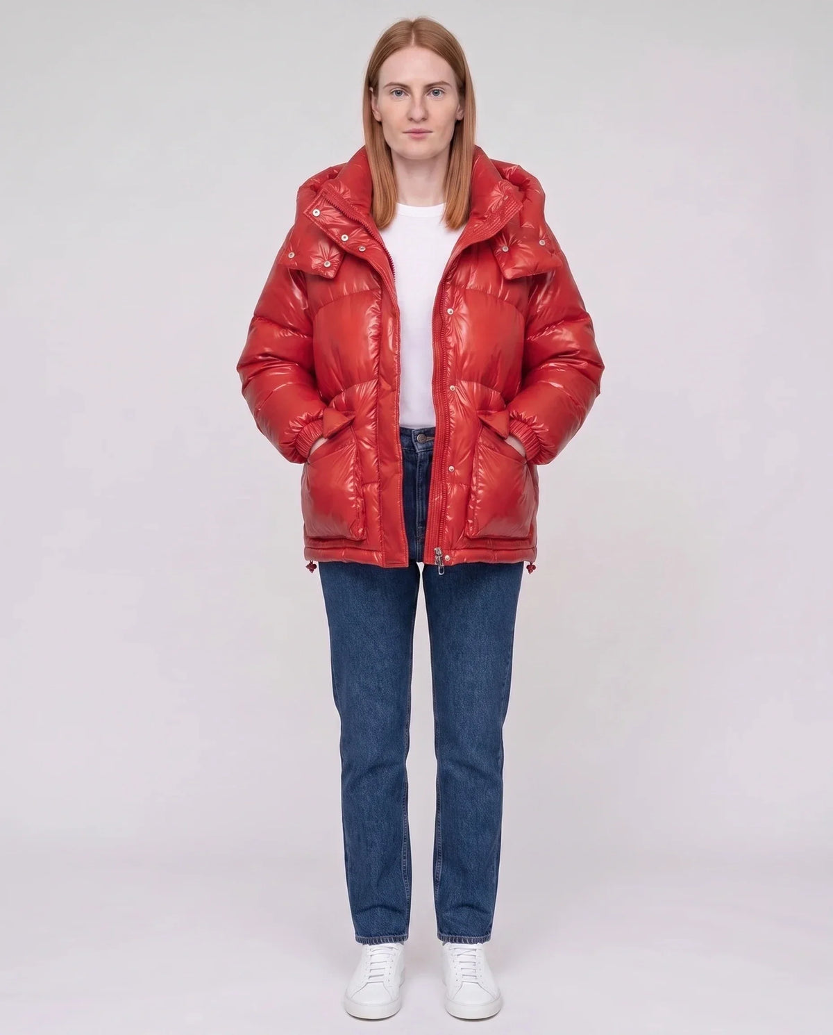 Short Shiny Puffer Jacket with Patch Pockets