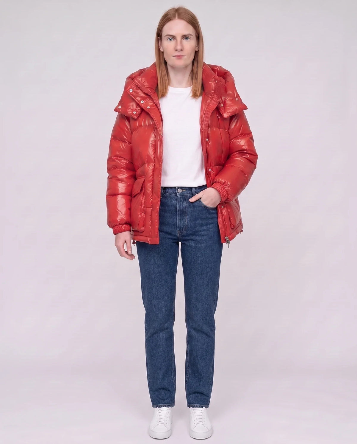 Short Shiny Puffer Jacket with Patch Pockets
