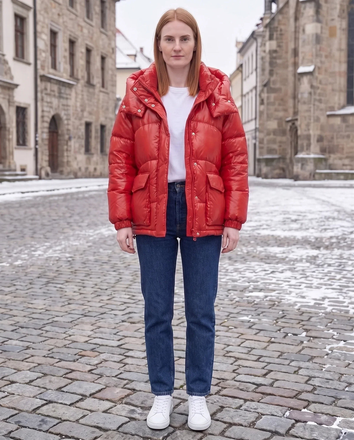 Short Shiny Puffer Jacket with Patch Pockets