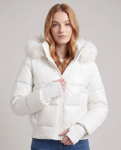 Short Puffer Jacket with Thumbholes and Faux Fur Hood