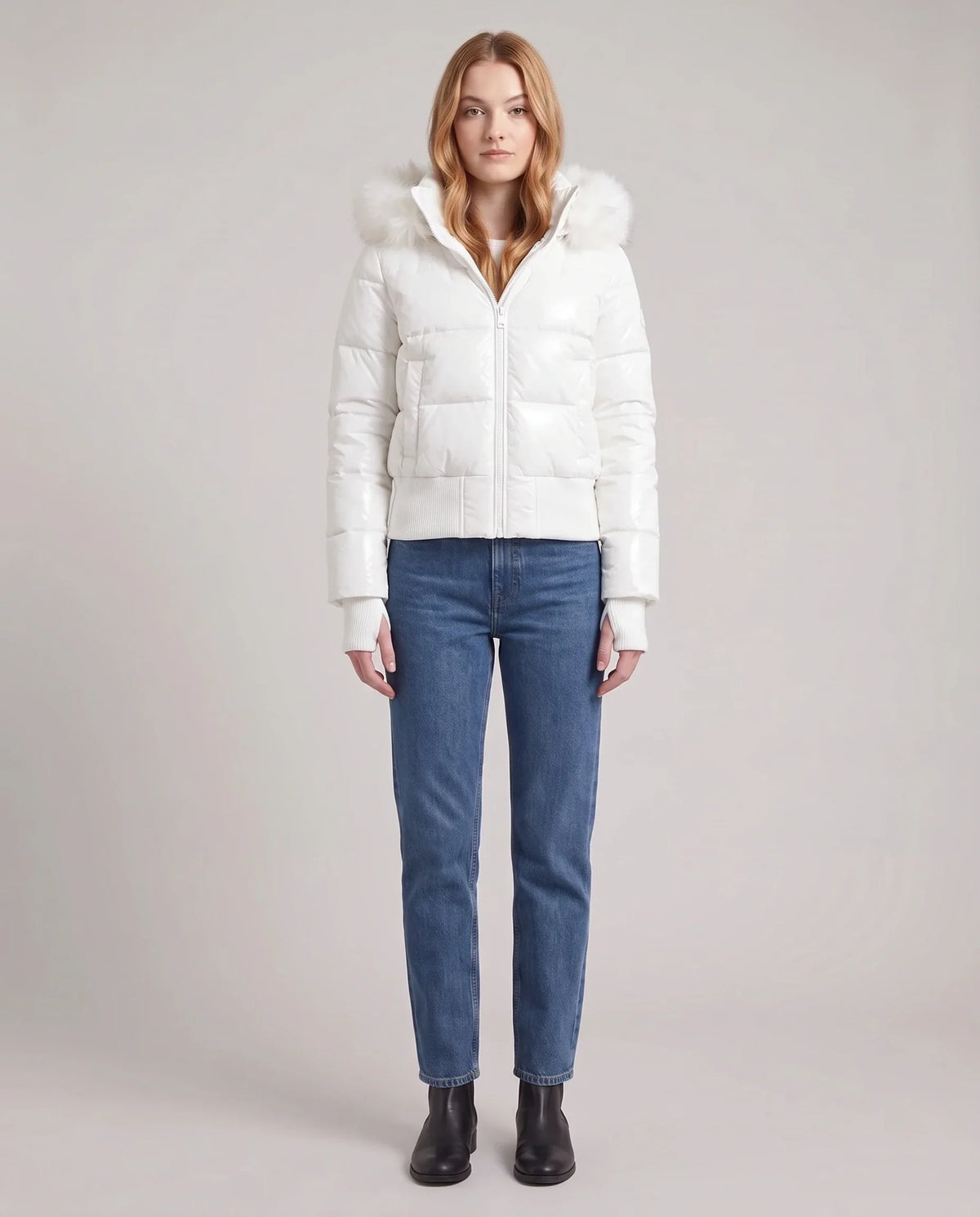 Short Puffer Jacket with Thumbholes and Faux Fur Hood