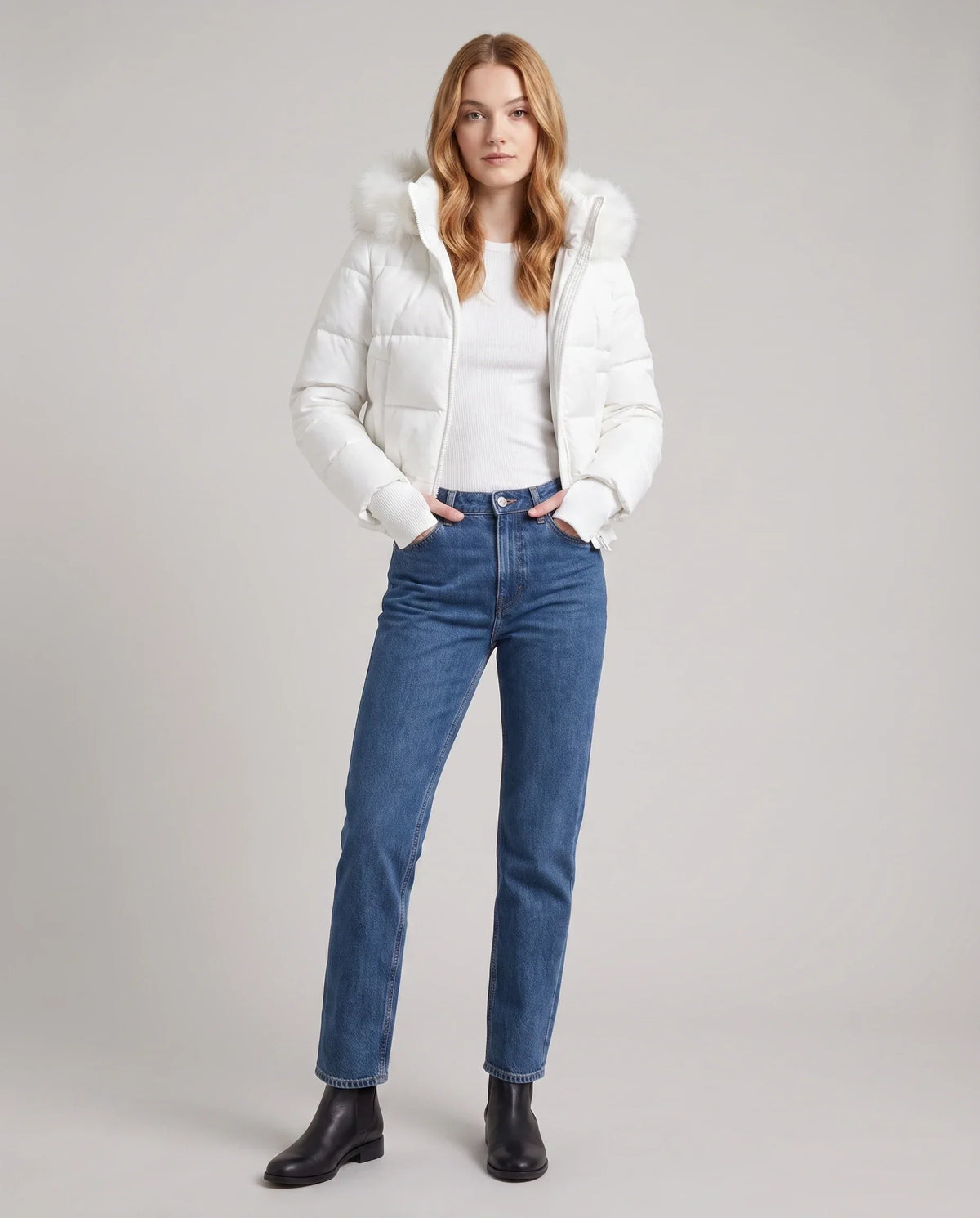 Short Puffer Jacket with Thumbholes and Faux Fur Hood