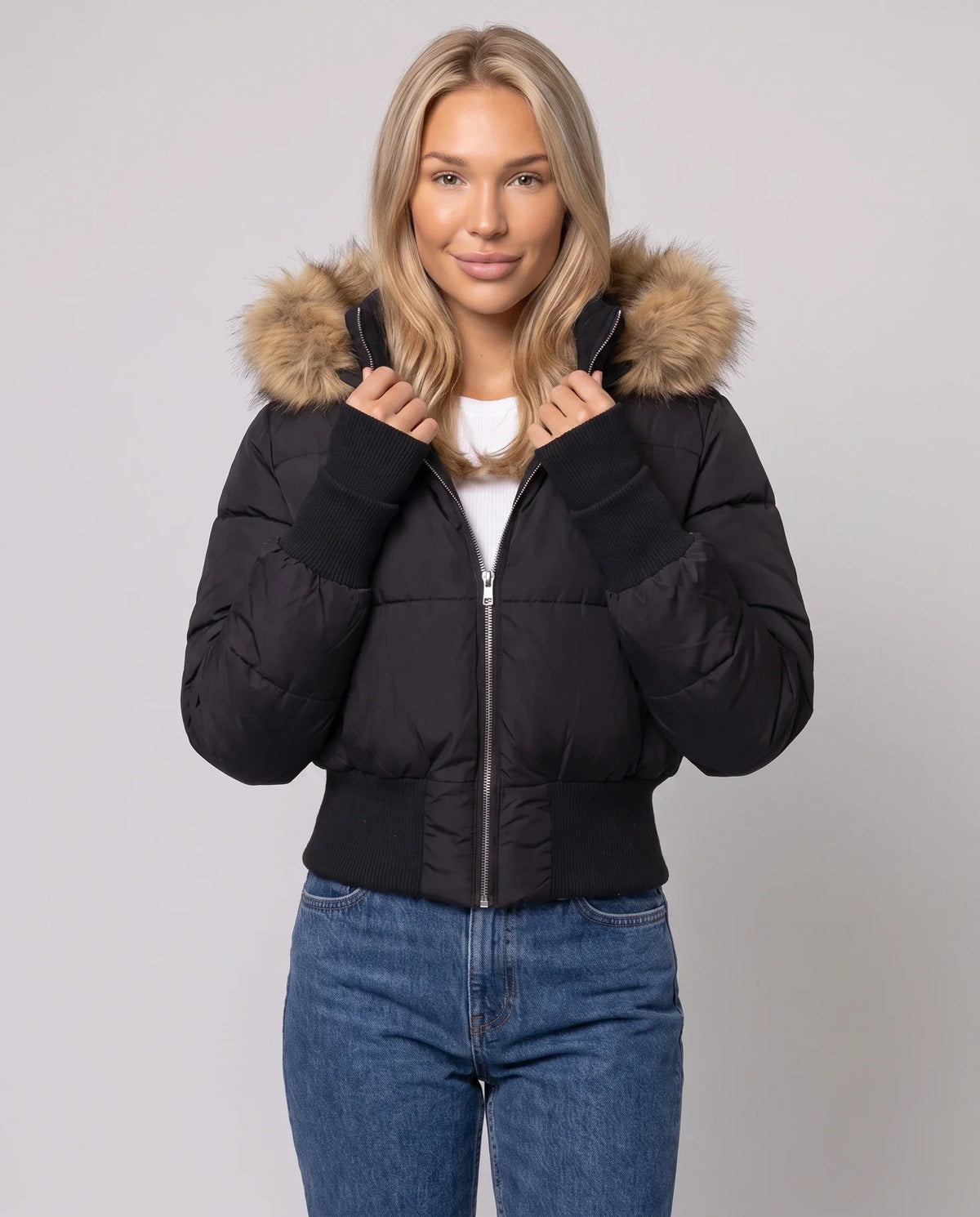 Short Puffer Jacket with Thumbholes and Faux Fur Hood