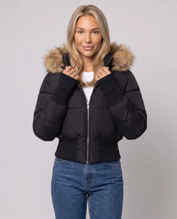 Short Puffer Jacket with Thumbholes and Faux Fur Hood