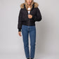 Short Puffer Jacket with Thumbholes and Faux Fur Hood