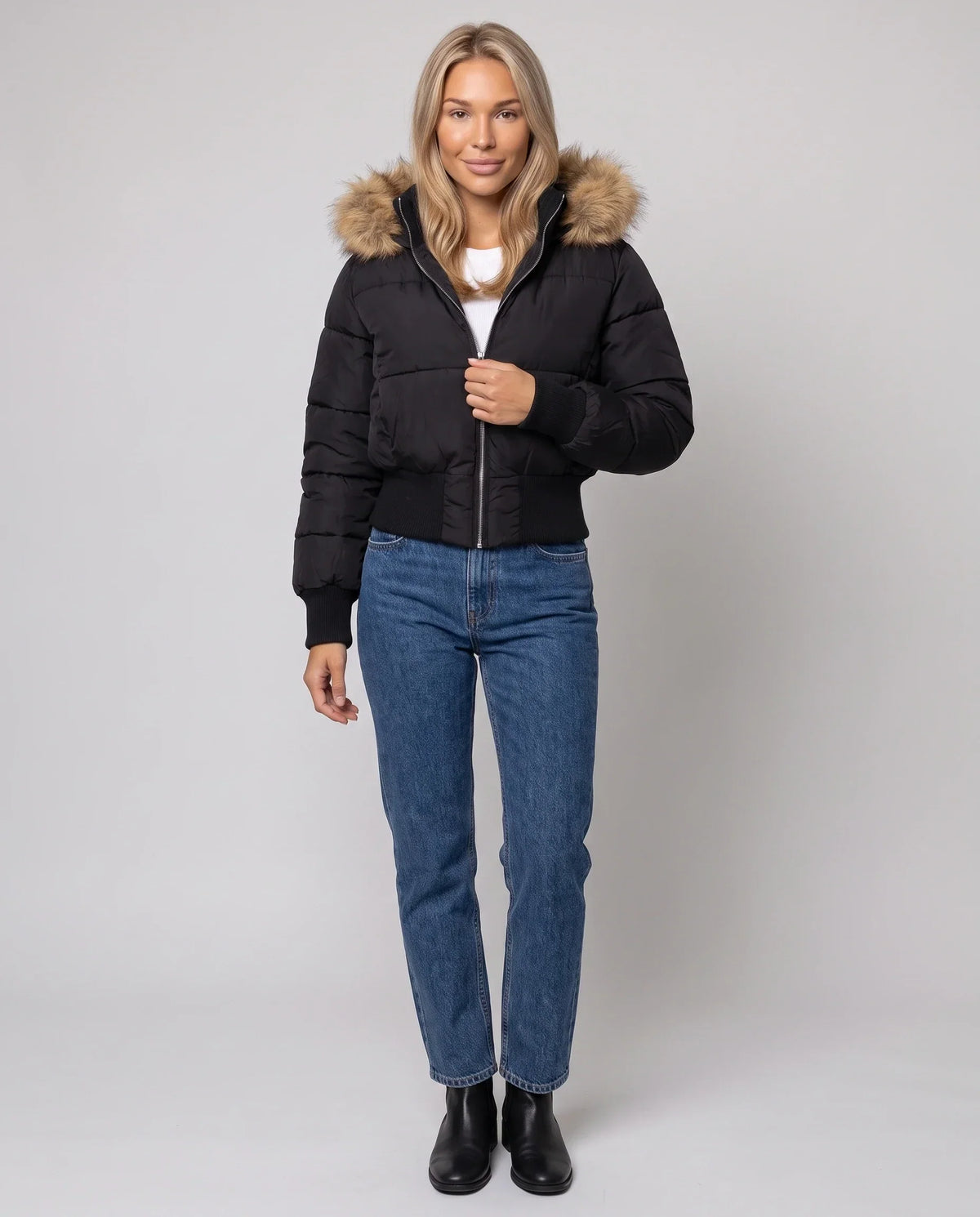 Short Puffer Jacket with Thumbholes and Faux Fur Hood