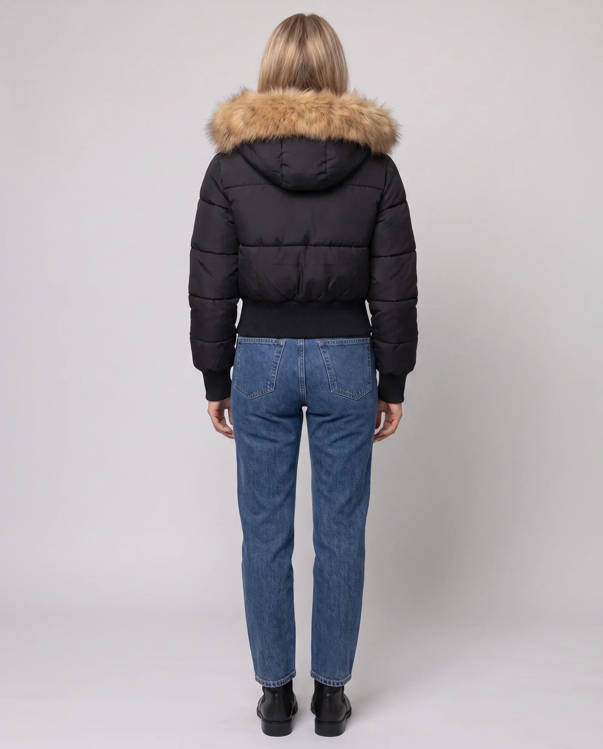Short Puffer Jacket with Thumbholes and Faux Fur Hood